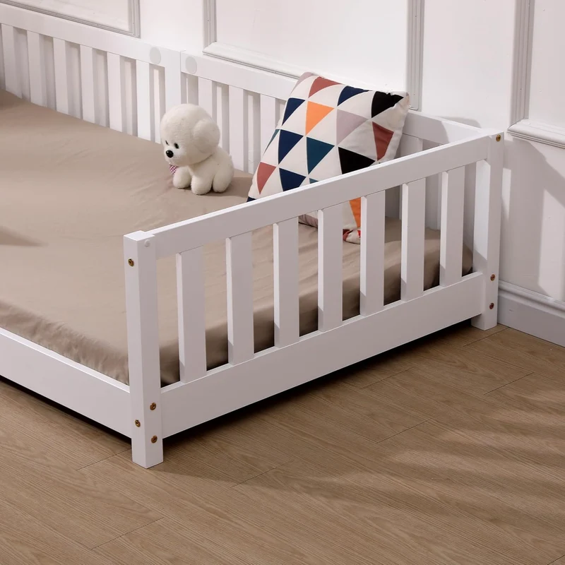 ecomi Kinderbett Montessori Bodenbett Massivholz mit Rausfallschutz und Lattenrost, Skandinavisches Design, für Mädchen und Jungenh