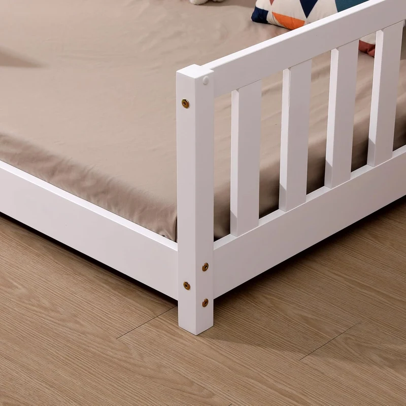 ecomi Kinderbett Montessori Bodenbett Massivholz mit Rausfallschutz und Lattenrost, Skandinavisches Design, für Mädchen und Jungenh
