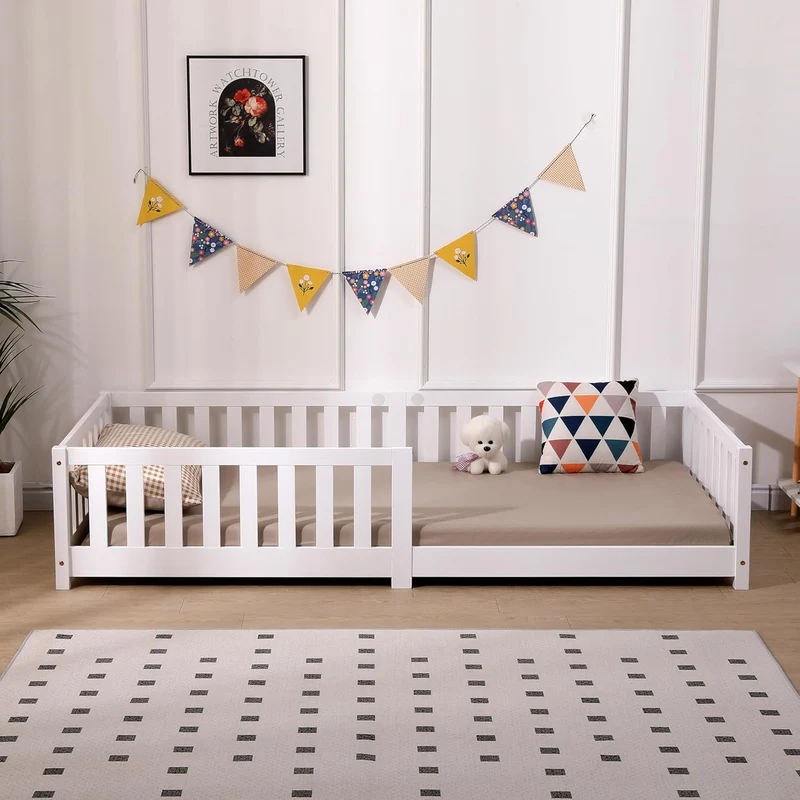 ecomi Kinderbett Montessori Bodenbett Massivholz mit Rausfallschutz und Lattenrost, Skandinavisches Design, für Mädchen und Jungenh
