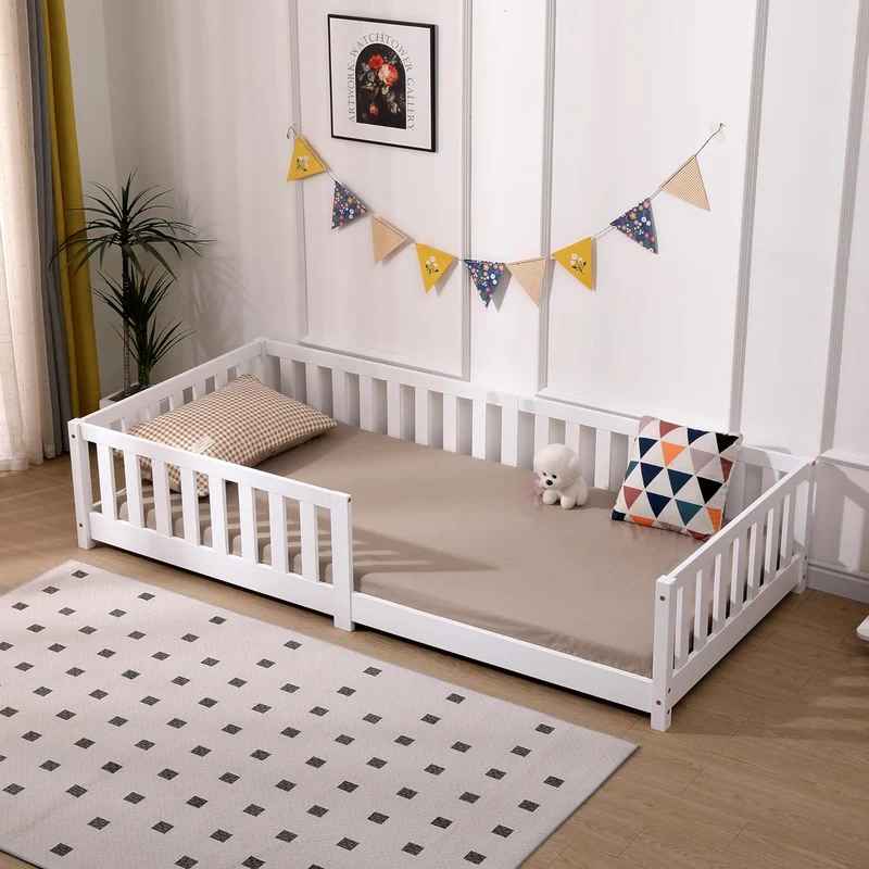 ecomi Kinderbett Montessori Bodenbett Massivholz mit Rausfallschutz und Lattenrost, Skandinavisches Design, für Mädchen und Jungenh