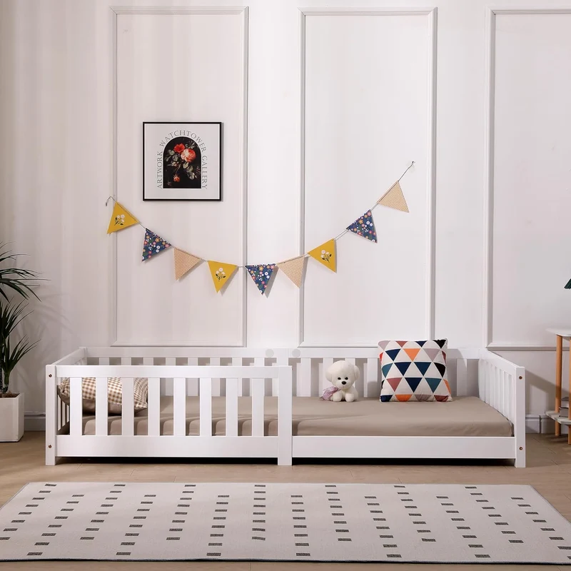 ecomi Kinderbett Montessori Bodenbett Massivholz mit Rausfallschutz und Lattenrost, Skandinavisches Design, für Mädchen und Jungenh