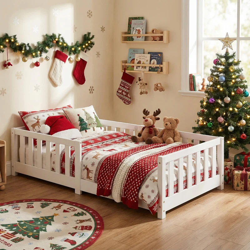 ecomi Kinderbett Montessori Bodenbett Massivholz mit Rausfallschutz und Lattenrost, Skandinavisches Design, für Mädchen und Jungenh