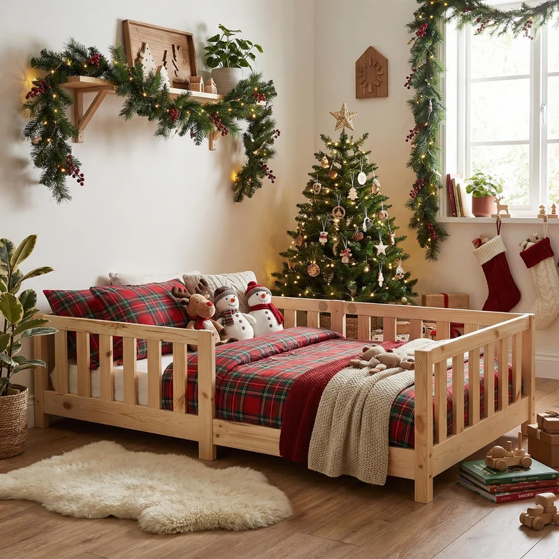ecomi Kinderbett Montessori Bodenbett Massivholz mit Rausfallschutz und Lattenrost, Skandinavisches Design, für Mädchen und Jungenh