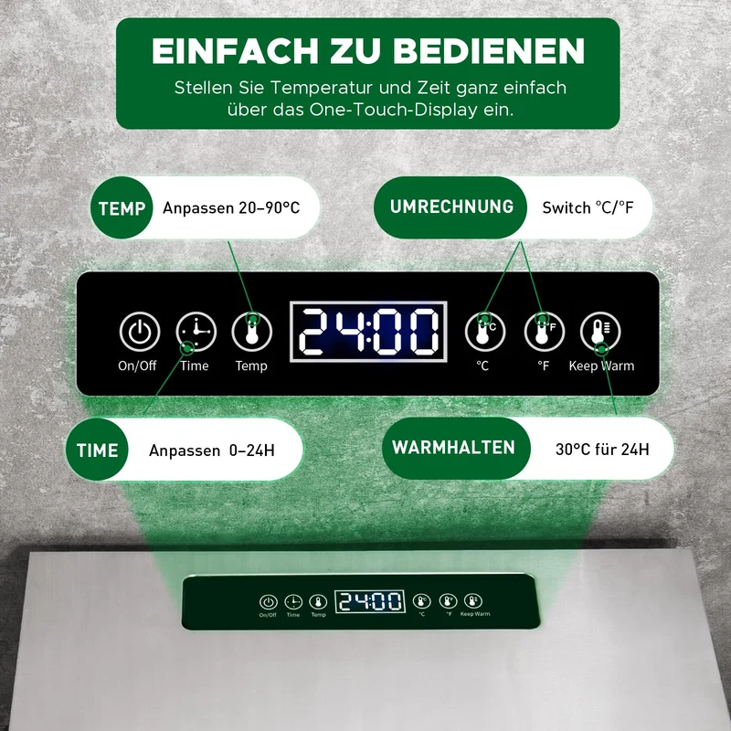 Kwasyo Dörrautomat Edelstahl DA 1000, XXL-Dörrfläche 1,8 m², Dörrgerät Temperatur einstellbar 30-90℃, LED-Display, 24 Std, BPA-frei, mit Rezeptheft, 10 Edelstahl-Dörrtabletts