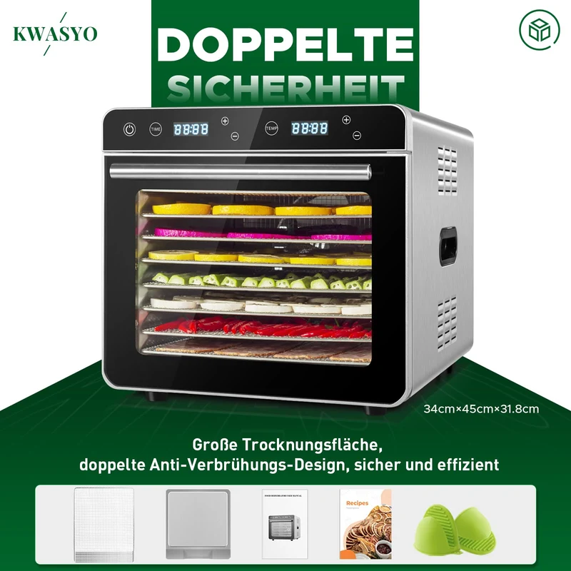 Kwasyo Dörrautomat Edelstahl Trockenkapazität 3,8 kg Rindfleisch, 0,67 m² Trockenfläche, 8 Edelstahl-Dörrtabletts (28x30 cm), 35-85°C Dörrgerät für Hundeleckerlis, Kräuter, Fleisch, Obst, Joghurt