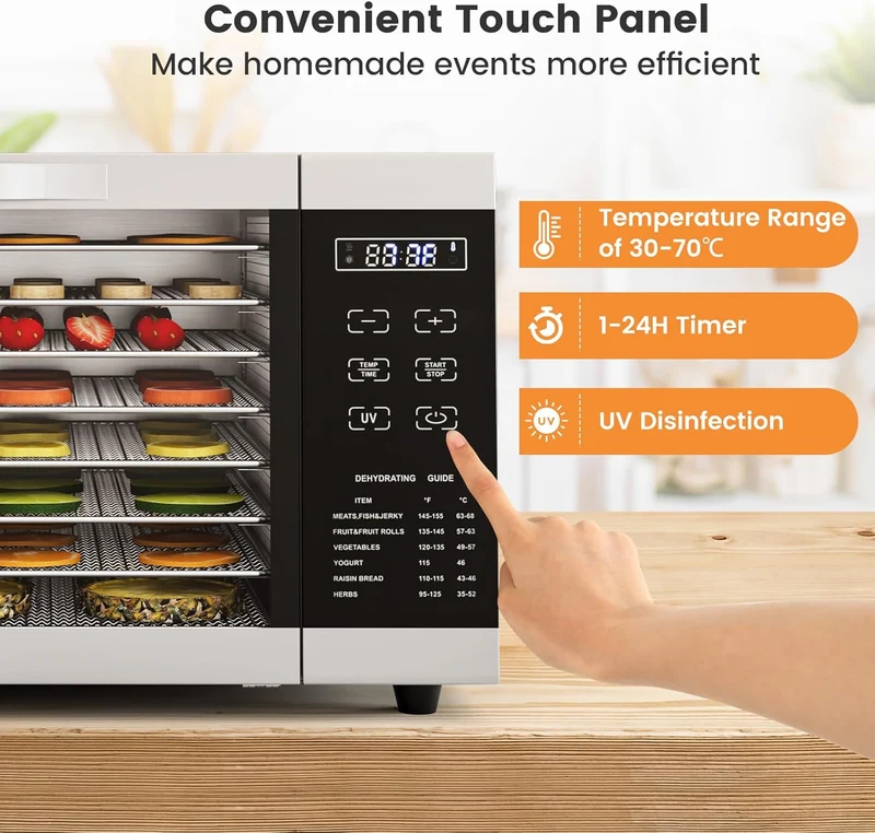 RELAX4LIFE Dörrautomat Edelstahl, Dörrgerät Temperatur einstellbar 30-70℃, Food Dehydrator inkl. 8 Edelstahl-Dörrtabletts, Touch-Display, 24 Std, für Lebensmittel Fleisch Früchte Gemüse
