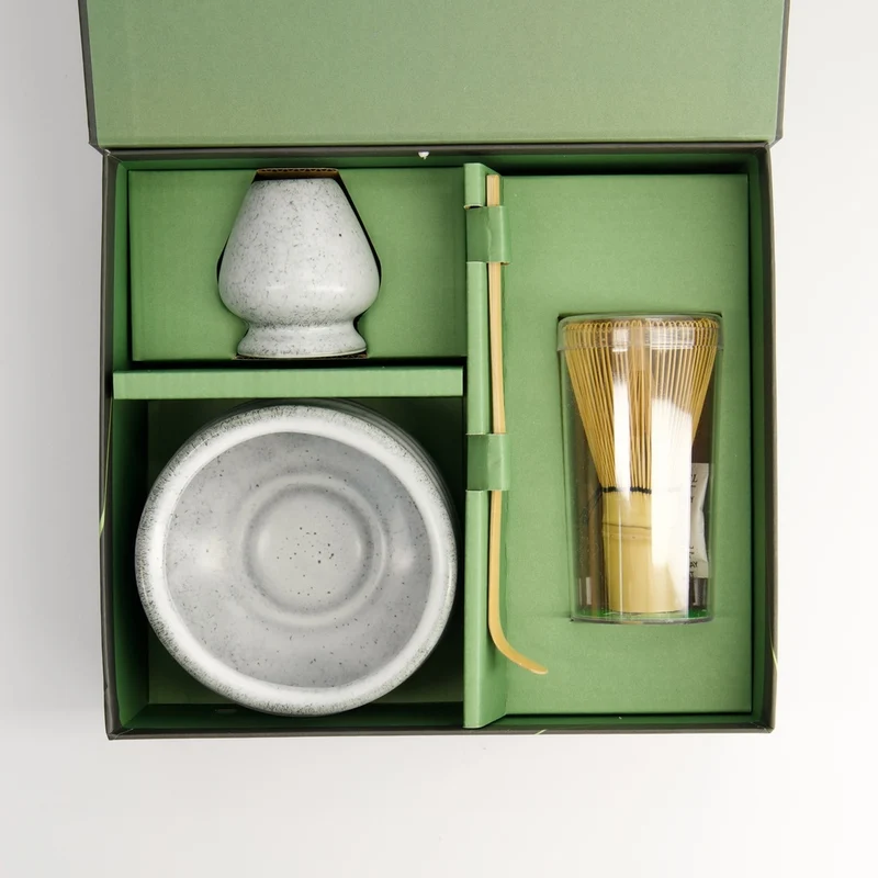 Matcha Schale Geschenkset, 4-tlg., 11 x 8 cm, Grau