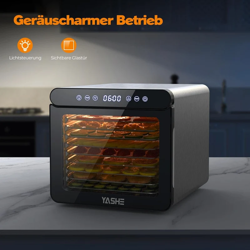 YASHE Stainless Steel Dehydrator with Digital Control (Temperature up to 75°C, Timer up to 48 Hours), 9 Trays Dehydrator for Fruit and Vegetables, Rear Fan for 360° Air Circulation, 800 W