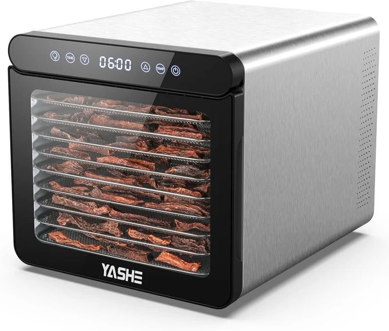 YASHE Stainless Steel Dehydrator with Digital Control (Temperature up to 75°C, Timer up to 48 Hours), 9 Trays Dehydrator for Fruit and Vegetables, Rear Fan for 360° Air Circulation, 800 W
